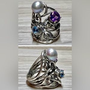 Designer Or Paz Sterling Silver Amethyst, Pearl, & Blue Topaz Ring, Size 5